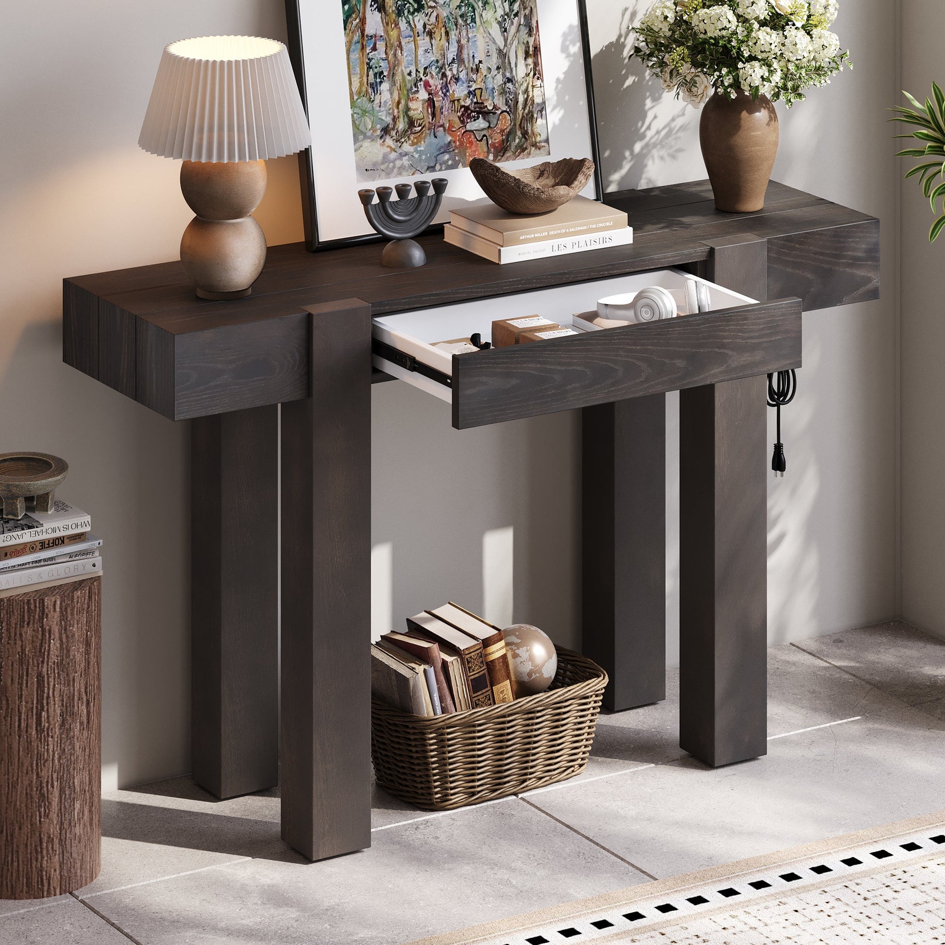 TREXM Rustic Minimalist Console Table with Hidden Drawer, Side Power Outlet,Wood Entryway Table for Entryways, Living Rooms and Home Offices(Espresso) - 1st Choice Furniture Direct