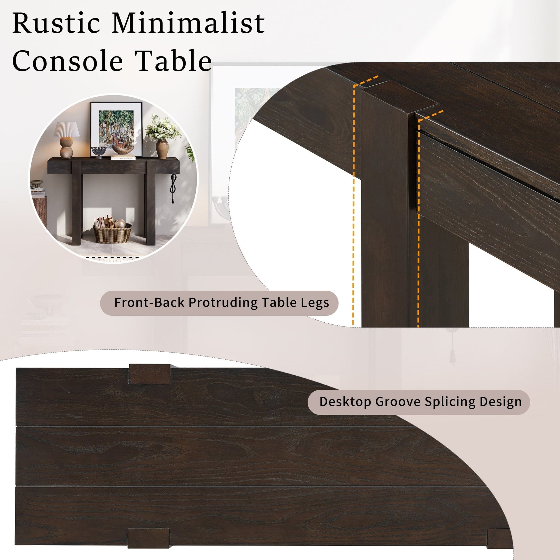 TREXM Rustic Minimalist Console Table with Hidden Drawer, Side Power Outlet,Wood Entryway Table for Entryways, Living Rooms and Home Offices(Espresso) - 1st Choice Furniture Direct