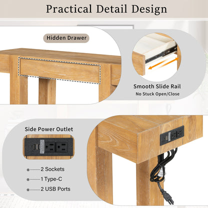 TREXM Rustic Minimalist Console Table with Hidden Drawer, Side Power Outlet,Wood Entryway Table for Entryways, Living Rooms and Home Offices(Natural) - 1st Choice Furniture Direct
