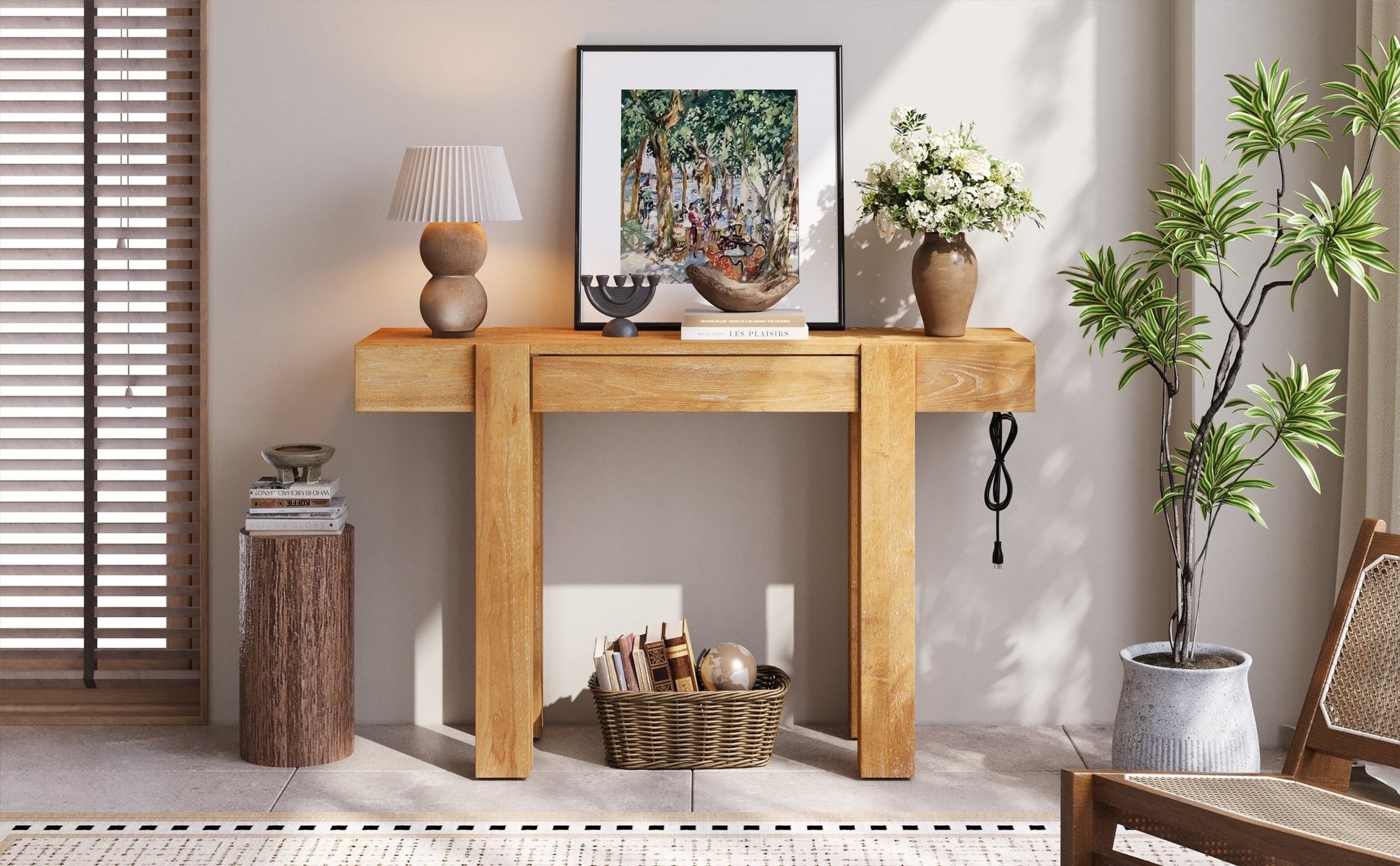 TREXM Rustic Minimalist Console Table with Hidden Drawer, Side Power Outlet,Wood Entryway Table for Entryways, Living Rooms and Home Offices(Natural) - 1st Choice Furniture Direct