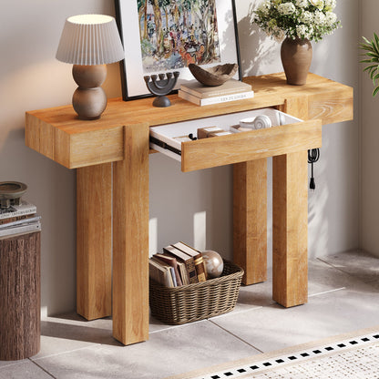 TREXM Rustic Minimalist Console Table with Hidden Drawer, Side Power Outlet,Wood Entryway Table for Entryways, Living Rooms and Home Offices(Natural) - 1st Choice Furniture Direct