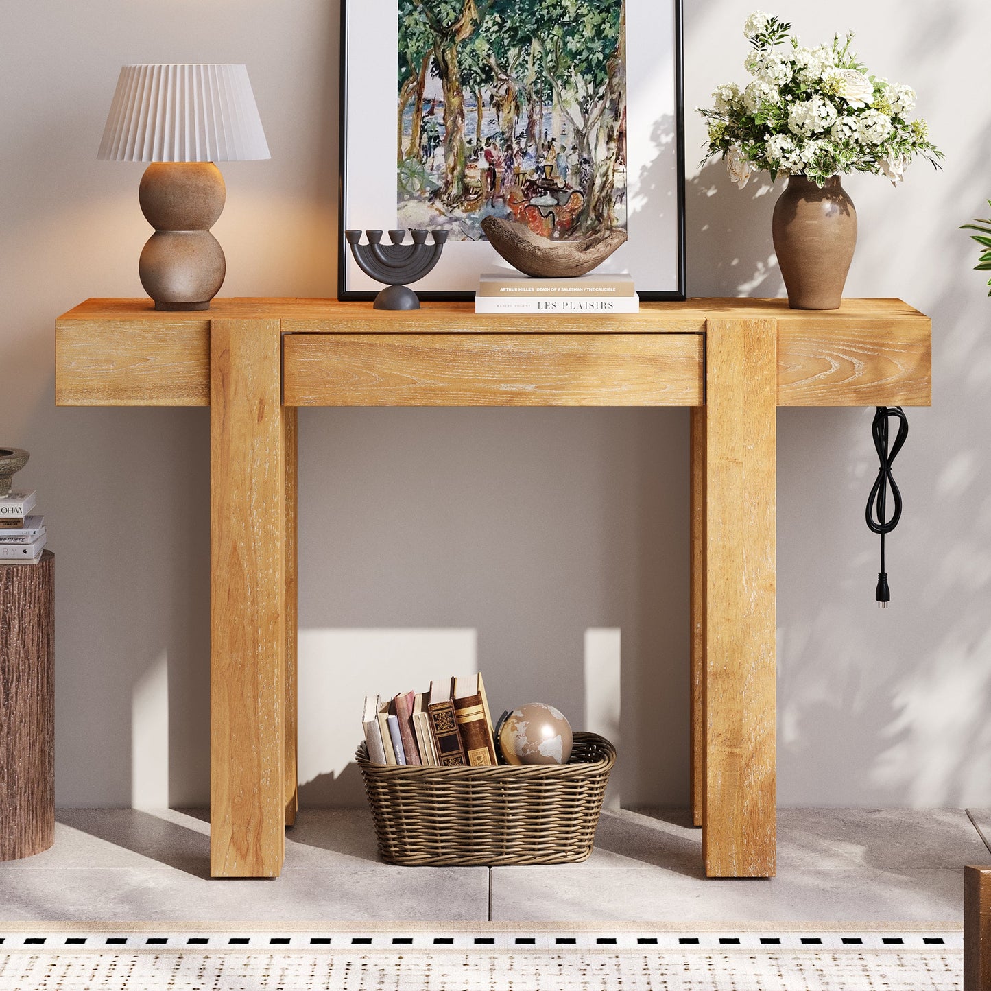 TREXM Rustic Minimalist Console Table with Hidden Drawer, Side Power Outlet,Wood Entryway Table for Entryways, Living Rooms and Home Offices(Natural) - 1st Choice Furniture Direct