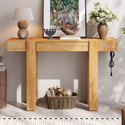 TREXM Rustic Minimalist Console Table with Hidden Drawer, Side Power Outlet,Wood Entryway Table for Entryways, Living Rooms and Home Offices(Natural) - 1st Choice Furniture Direct