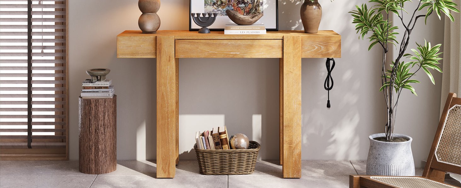 TREXM Rustic Minimalist Console Table with Hidden Drawer, Side Power Outlet,Wood Entryway Table for Entryways, Living Rooms and Home Offices(Natural) - 1st Choice Furniture Direct