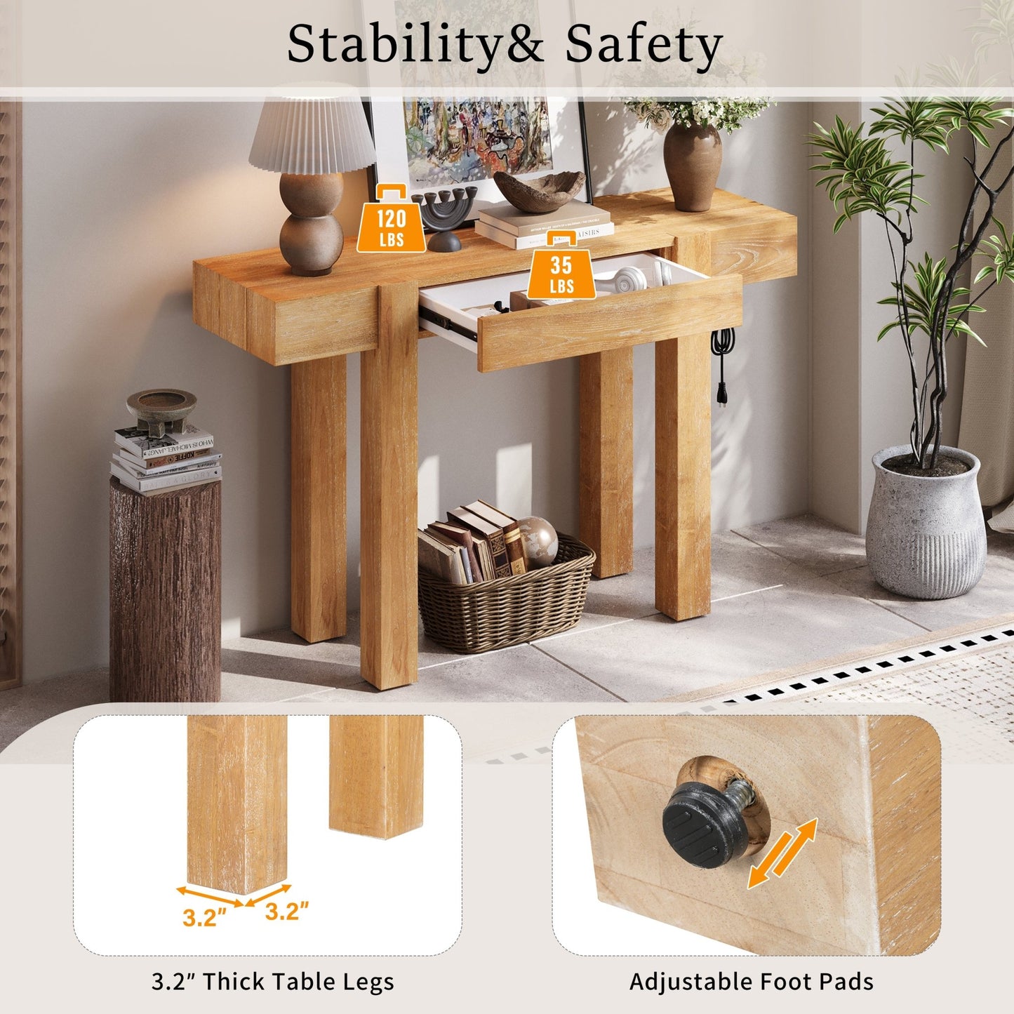 TREXM Rustic Minimalist Console Table with Hidden Drawer, Side Power Outlet,Wood Entryway Table for Entryways, Living Rooms and Home Offices(Natural) - 1st Choice Furniture Direct