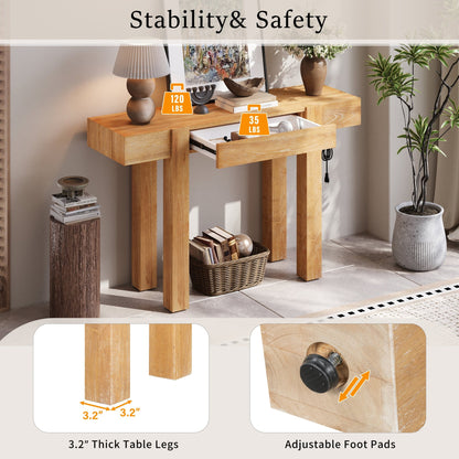 TREXM Rustic Minimalist Console Table with Hidden Drawer, Side Power Outlet,Wood Entryway Table for Entryways, Living Rooms and Home Offices(Natural) - 1st Choice Furniture Direct