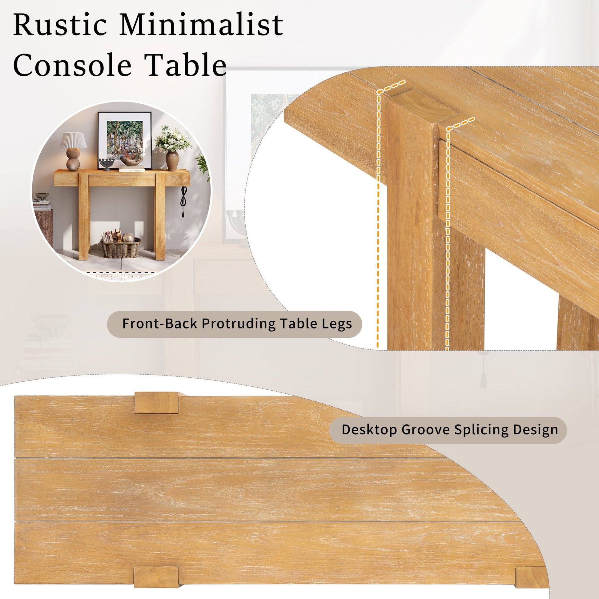 TREXM Rustic Minimalist Console Table with Hidden Drawer, Side Power Outlet,Wood Entryway Table for Entryways, Living Rooms and Home Offices(Natural) - 1st Choice Furniture Direct