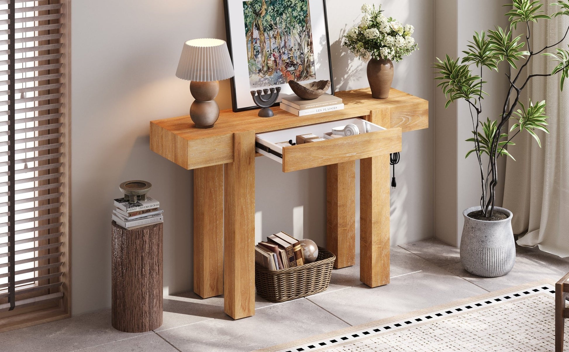TREXM Rustic Minimalist Console Table with Hidden Drawer, Side Power Outlet,Wood Entryway Table for Entryways, Living Rooms and Home Offices(Natural) - 1st Choice Furniture Direct