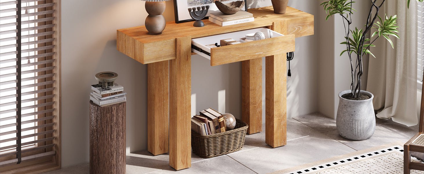TREXM Rustic Minimalist Console Table with Hidden Drawer, Side Power Outlet,Wood Entryway Table for Entryways, Living Rooms and Home Offices(Natural) - 1st Choice Furniture Direct