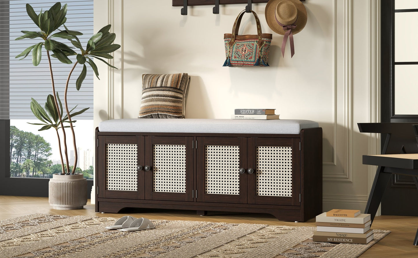 TREXM Rustic Storage Bench Multifunctional Wood Entryway Shoe Bench with Removable Cushion, Woven Rattan Doors & Adjustable Shelves for Hallway, Living Room (Espresso+Beige ) - 1st Choice Furniture Direct