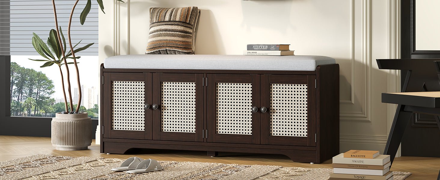 TREXM Rustic Storage Bench Multifunctional Wood Entryway Shoe Bench with Removable Cushion, Woven Rattan Doors & Adjustable Shelves for Hallway, Living Room (Espresso+Beige ) - 1st Choice Furniture Direct