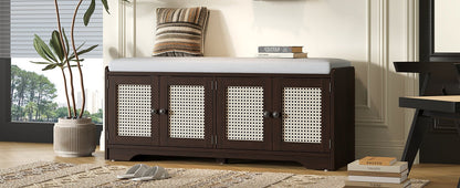 TREXM Rustic Storage Bench Multifunctional Wood Entryway Shoe Bench with Removable Cushion, Woven Rattan Doors & Adjustable Shelves for Hallway, Living Room (Espresso+Beige ) - 1st Choice Furniture Direct