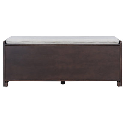 TREXM Rustic Storage Bench Multifunctional Wood Entryway Shoe Bench with Removable Cushion, Woven Rattan Doors & Adjustable Shelves for Hallway, Living Room (Espresso+Beige ) - 1st Choice Furniture Direct