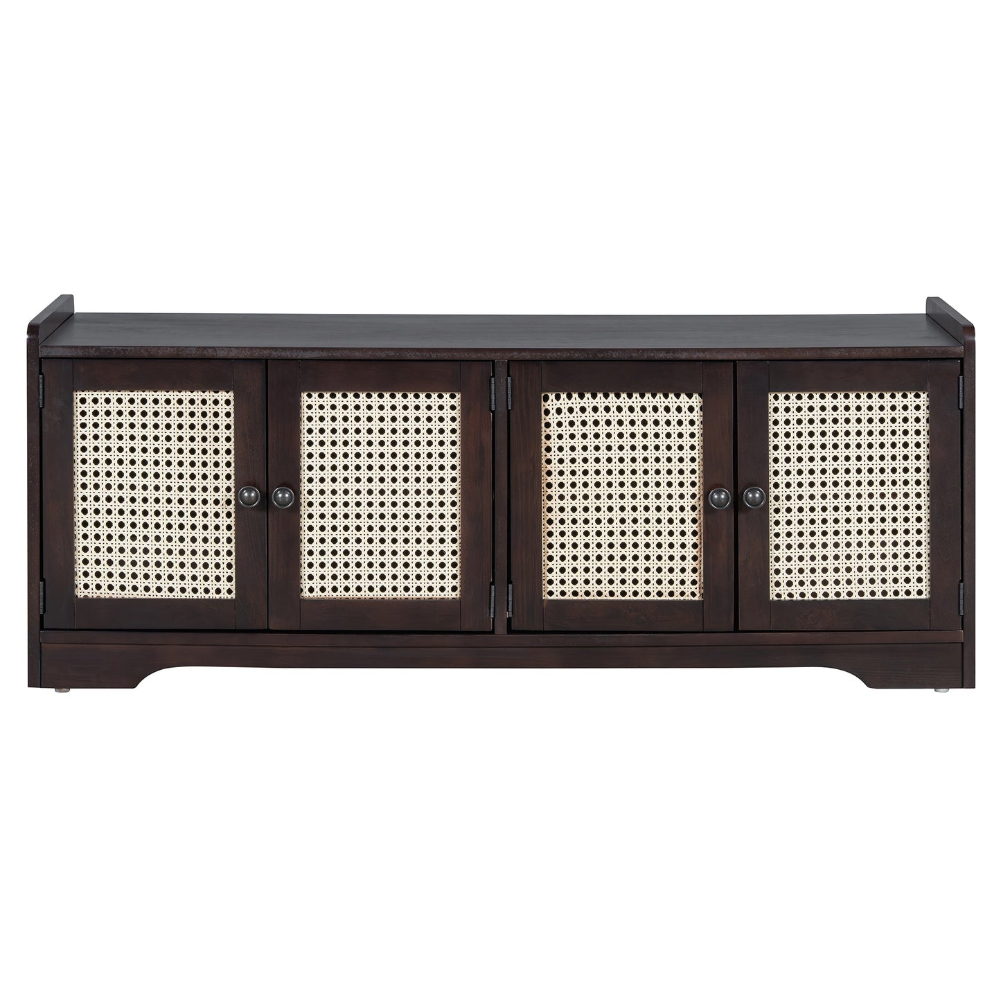 TREXM Rustic Storage Bench Multifunctional Wood Entryway Shoe Bench with Removable Cushion, Woven Rattan Doors & Adjustable Shelves for Hallway, Living Room (Espresso+Beige ) - 1st Choice Furniture Direct