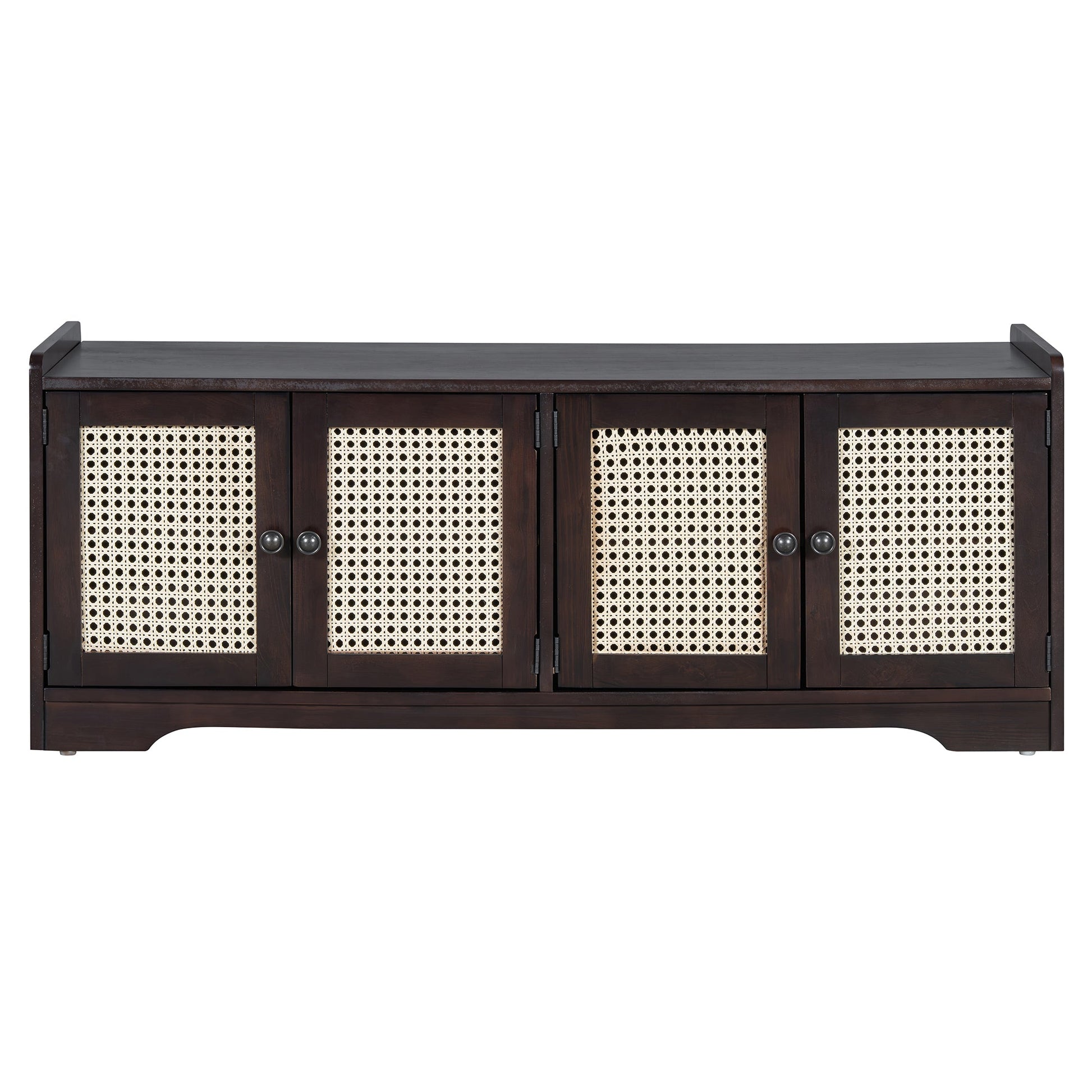 TREXM Rustic Storage Bench Multifunctional Wood Entryway Shoe Bench with Removable Cushion, Woven Rattan Doors & Adjustable Shelves for Hallway, Living Room (Espresso+Beige ) - 1st Choice Furniture Direct