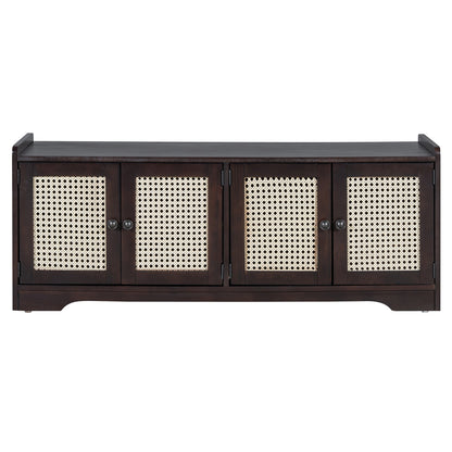 TREXM Rustic Storage Bench Multifunctional Wood Entryway Shoe Bench with Removable Cushion, Woven Rattan Doors & Adjustable Shelves for Hallway, Living Room (Espresso+Beige ) - 1st Choice Furniture Direct