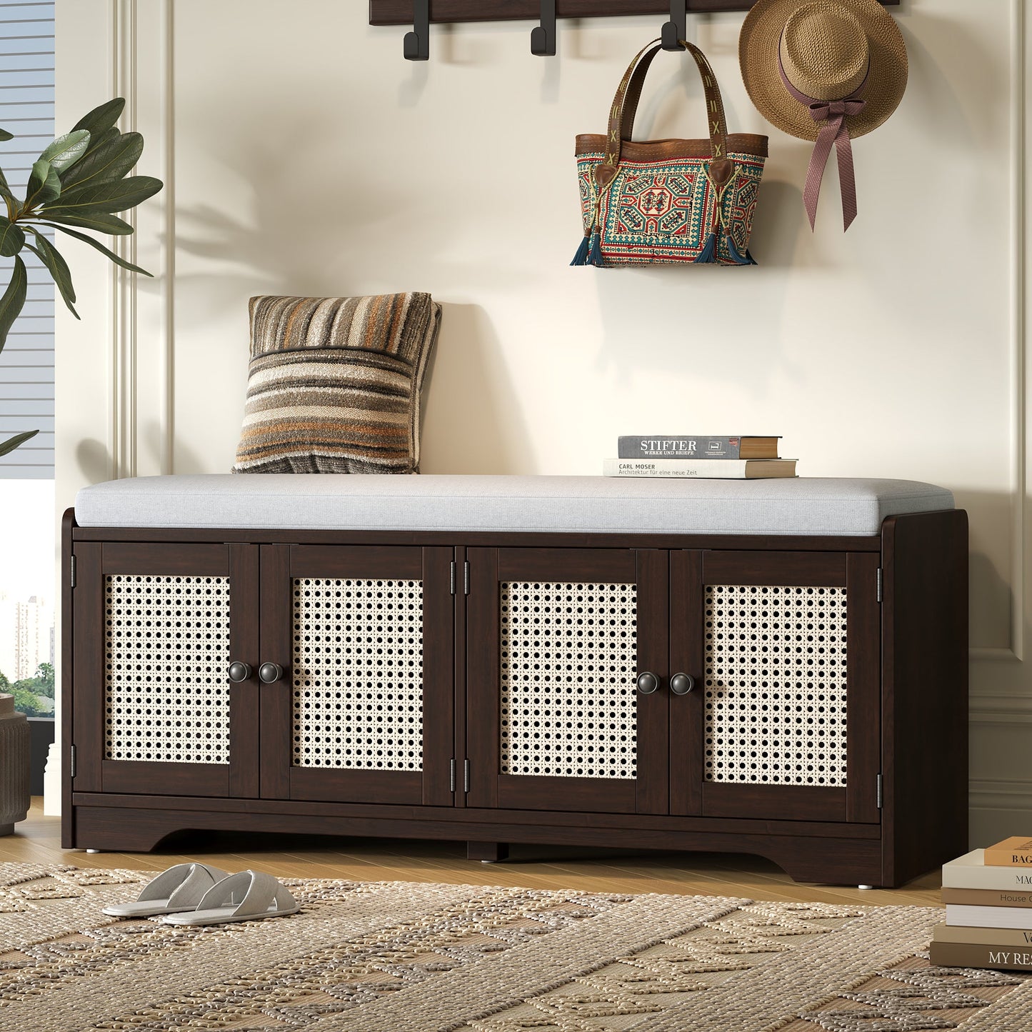 TREXM Rustic Storage Bench Multifunctional Wood Entryway Shoe Bench with Removable Cushion, Woven Rattan Doors & Adjustable Shelves for Hallway, Living Room (Espresso+Beige ) - 1st Choice Furniture Direct