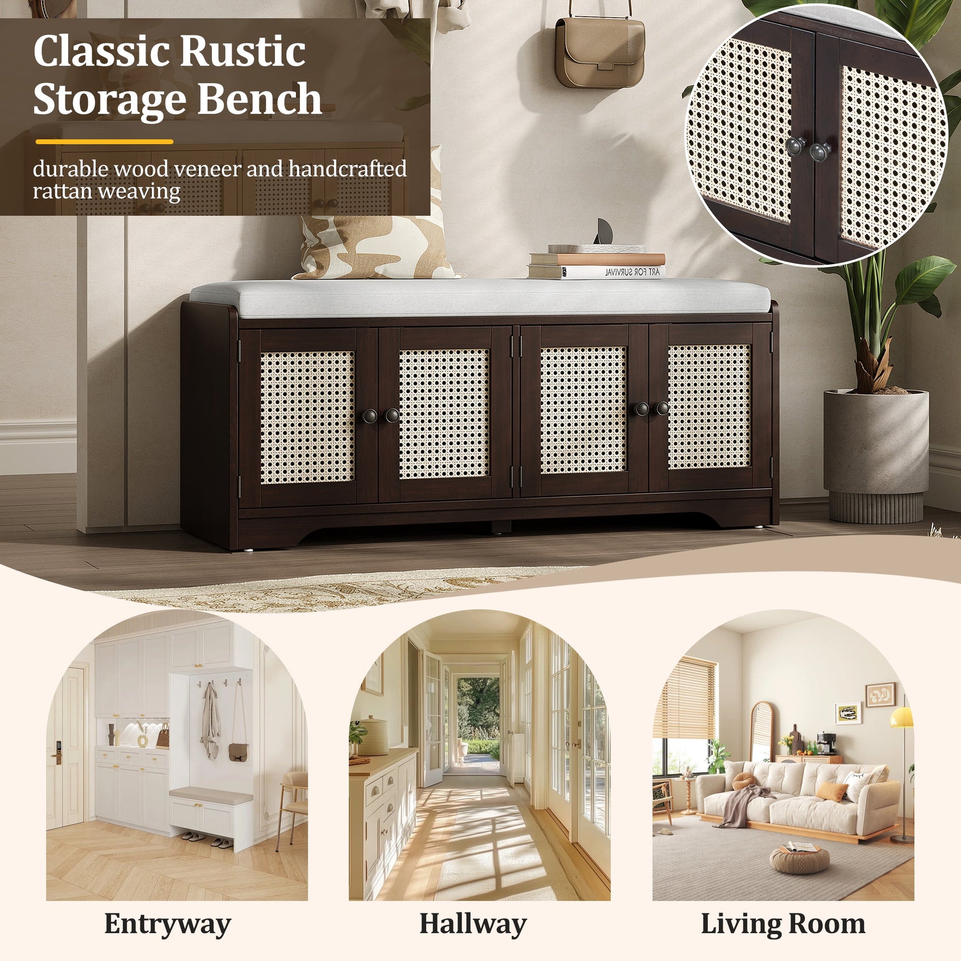 TREXM Rustic Storage Bench Multifunctional Wood Entryway Shoe Bench with Removable Cushion, Woven Rattan Doors & Adjustable Shelves for Hallway, Living Room (Espresso+Beige ) - 1st Choice Furniture Direct