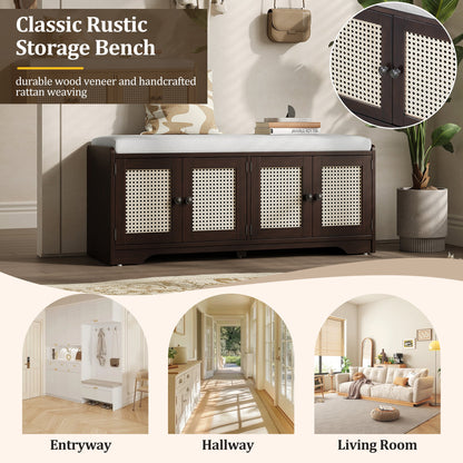 TREXM Rustic Storage Bench Multifunctional Wood Entryway Shoe Bench with Removable Cushion, Woven Rattan Doors & Adjustable Shelves for Hallway, Living Room (Espresso+Beige ) - 1st Choice Furniture Direct