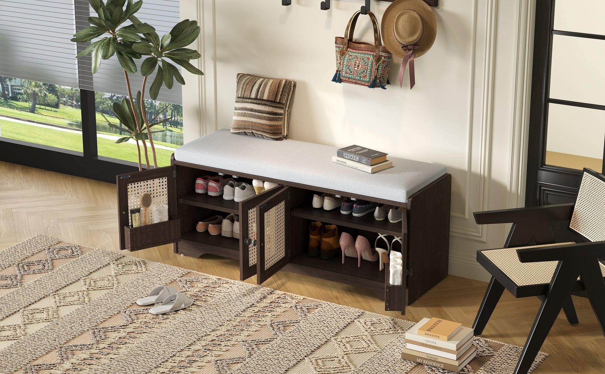 TREXM Rustic Storage Bench Multifunctional Wood Entryway Shoe Bench with Removable Cushion, Woven Rattan Doors & Adjustable Shelves for Hallway, Living Room (Espresso+Beige ) - 1st Choice Furniture Direct