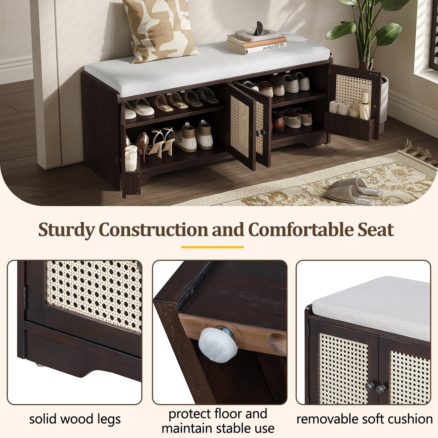 TREXM Rustic Storage Bench Multifunctional Wood Entryway Shoe Bench with Removable Cushion, Woven Rattan Doors & Adjustable Shelves for Hallway, Living Room (Espresso+Beige ) - 1st Choice Furniture Direct