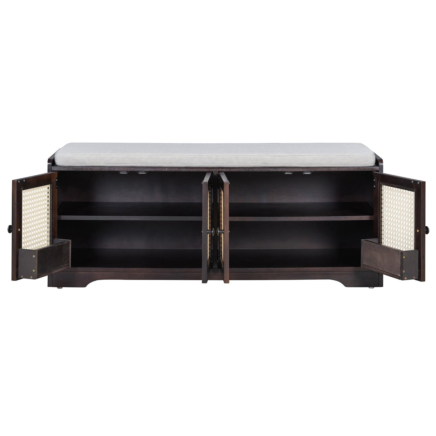 TREXM Rustic Storage Bench Multifunctional Wood Entryway Shoe Bench with Removable Cushion, Woven Rattan Doors & Adjustable Shelves for Hallway, Living Room (Espresso+Beige ) - 1st Choice Furniture Direct