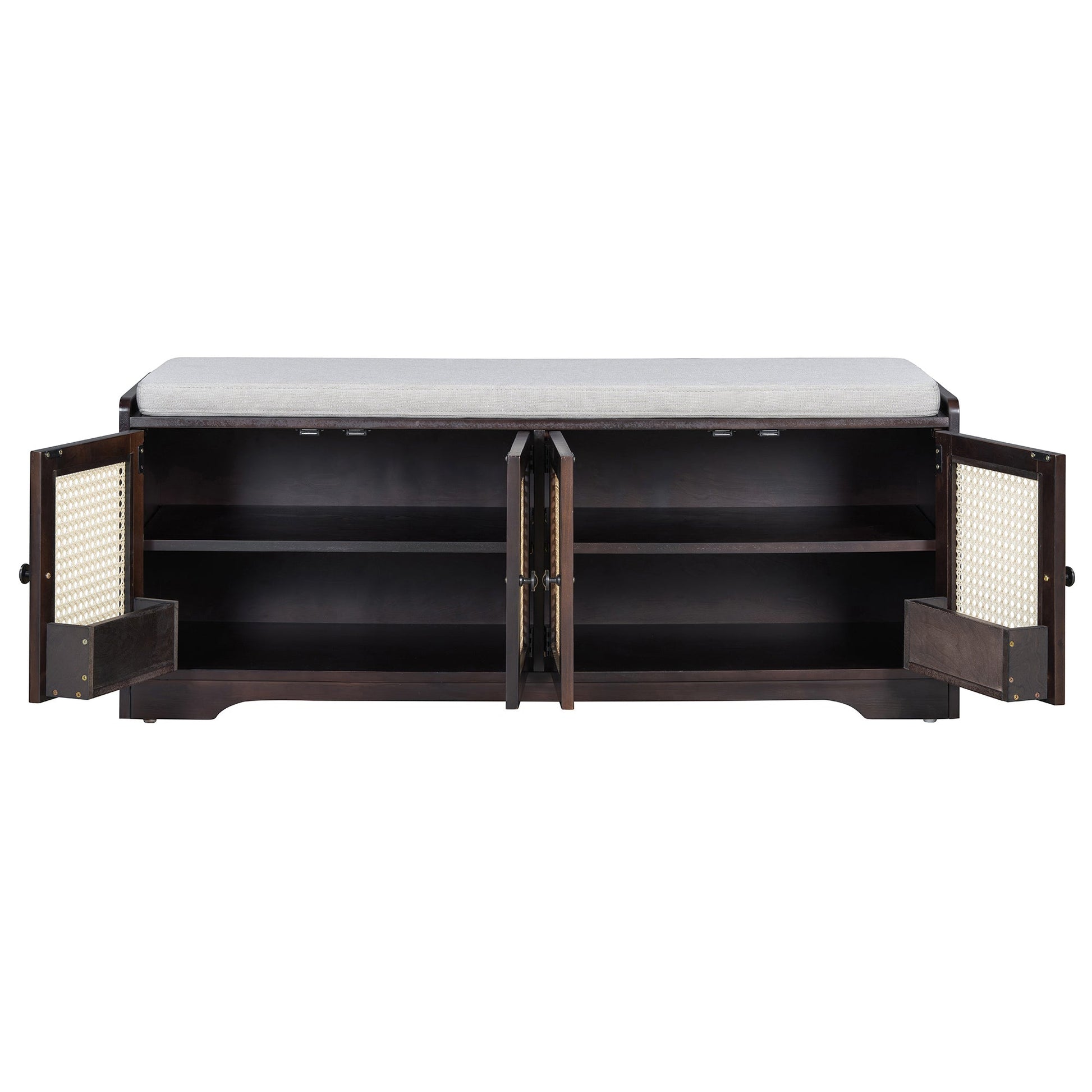 TREXM Rustic Storage Bench Multifunctional Wood Entryway Shoe Bench with Removable Cushion, Woven Rattan Doors & Adjustable Shelves for Hallway, Living Room (Espresso+Beige ) - 1st Choice Furniture Direct
