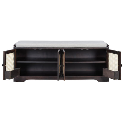 TREXM Rustic Storage Bench Multifunctional Wood Entryway Shoe Bench with Removable Cushion, Woven Rattan Doors & Adjustable Shelves for Hallway, Living Room (Espresso+Beige ) - 1st Choice Furniture Direct