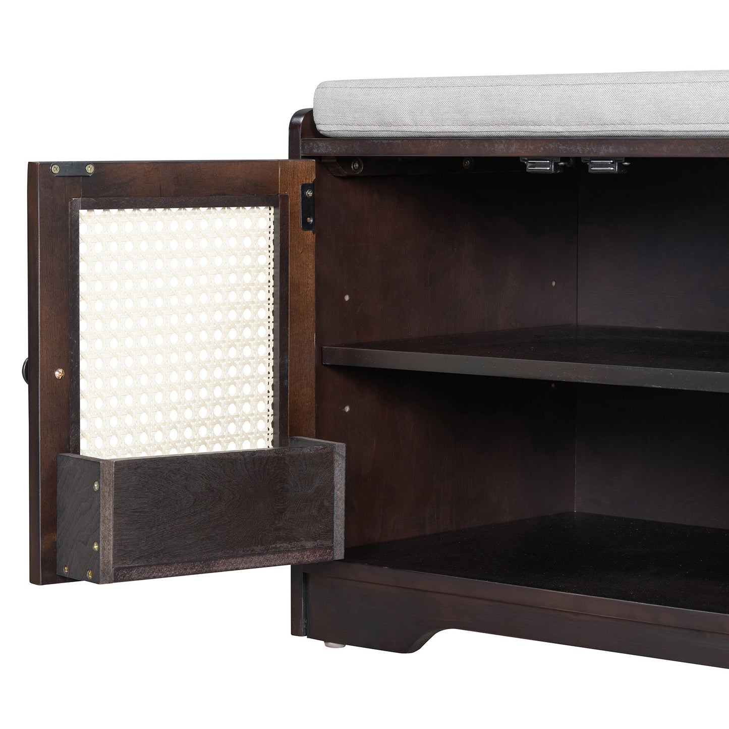 TREXM Rustic Storage Bench Multifunctional Wood Entryway Shoe Bench with Removable Cushion, Woven Rattan Doors & Adjustable Shelves for Hallway, Living Room (Espresso+Beige ) - 1st Choice Furniture Direct
