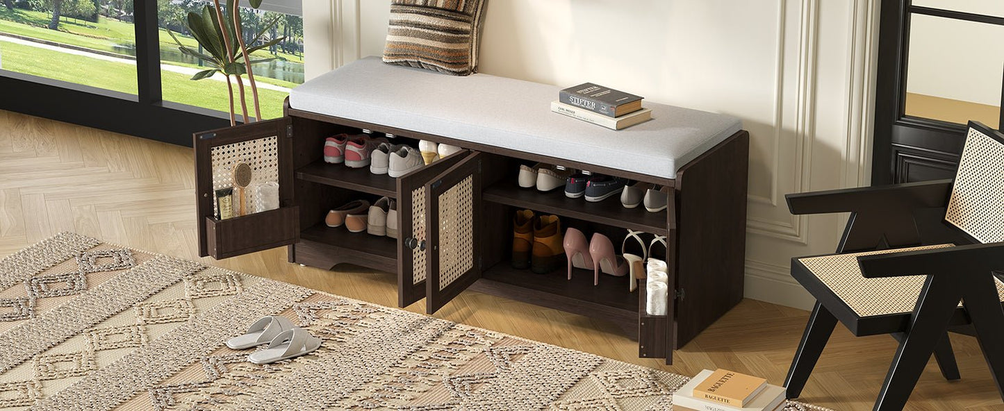 TREXM Rustic Storage Bench Multifunctional Wood Entryway Shoe Bench with Removable Cushion, Woven Rattan Doors & Adjustable Shelves for Hallway, Living Room (Espresso+Beige ) - 1st Choice Furniture Direct