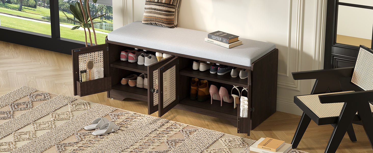 TREXM Rustic Storage Bench Multifunctional Wood Entryway Shoe Bench with Removable Cushion, Woven Rattan Doors & Adjustable Shelves for Hallway, Living Room (Espresso+Beige ) - 1st Choice Furniture Direct
