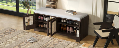 TREXM Rustic Storage Bench Multifunctional Wood Entryway Shoe Bench with Removable Cushion, Woven Rattan Doors & Adjustable Shelves for Hallway, Living Room (Espresso+Beige ) - 1st Choice Furniture Direct