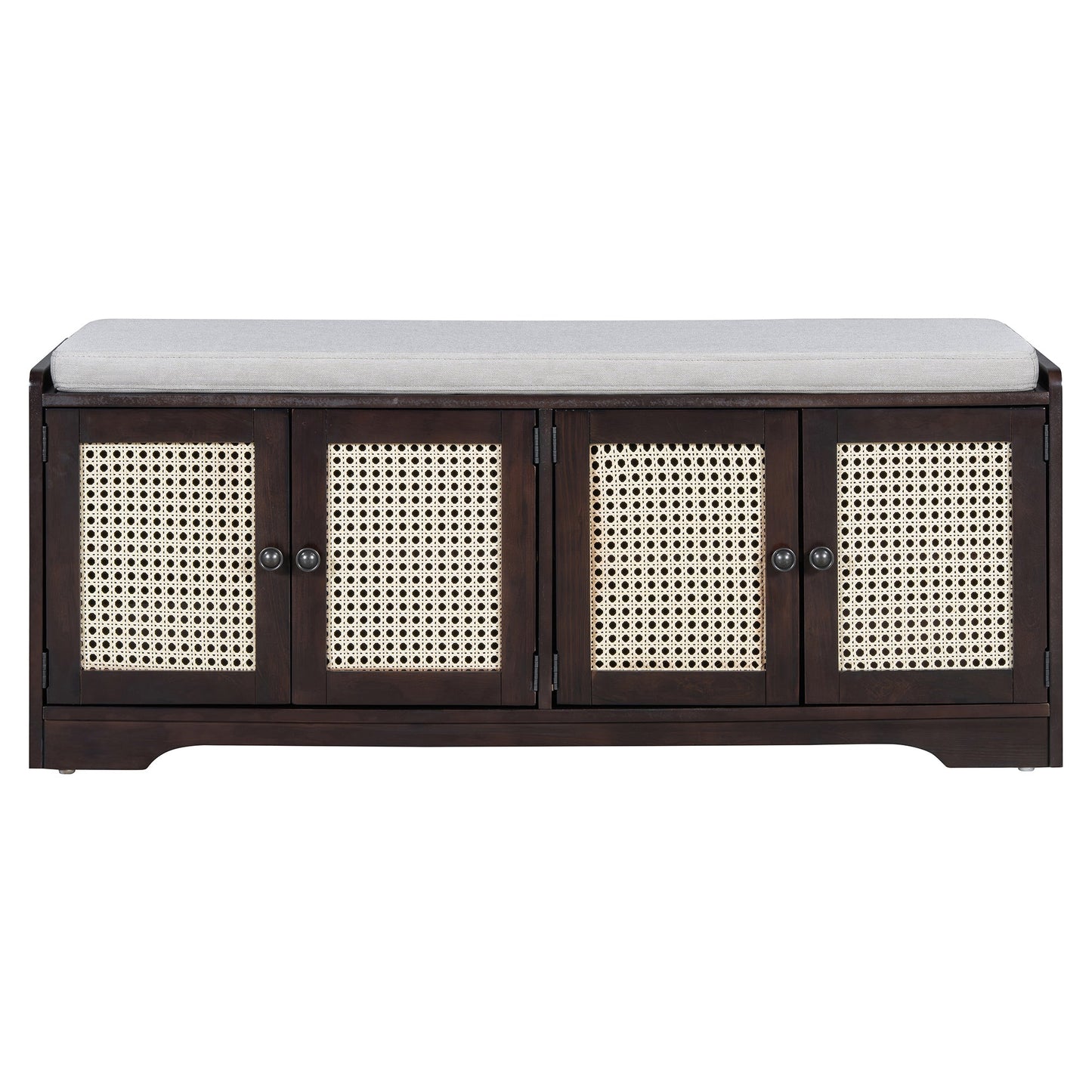 TREXM Rustic Storage Bench Multifunctional Wood Entryway Shoe Bench with Removable Cushion, Woven Rattan Doors & Adjustable Shelves for Hallway, Living Room (Espresso+Beige ) - 1st Choice Furniture Direct