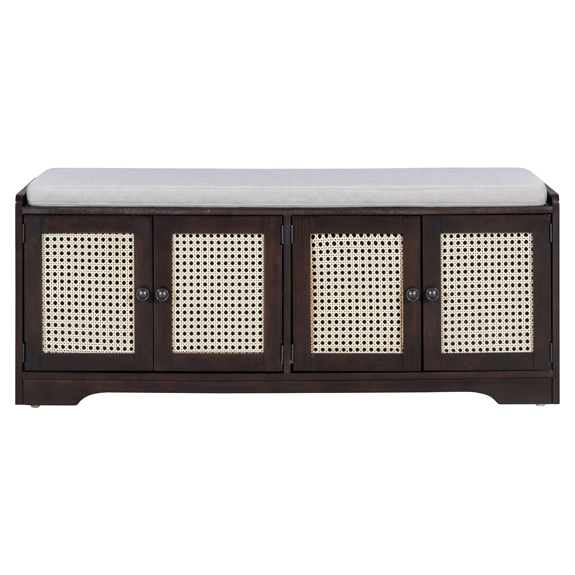 TREXM Rustic Storage Bench Multifunctional Wood Entryway Shoe Bench with Removable Cushion, Woven Rattan Doors & Adjustable Shelves for Hallway, Living Room (Espresso+Beige ) - 1st Choice Furniture Direct