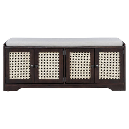 TREXM Rustic Storage Bench Multifunctional Wood Entryway Shoe Bench with Removable Cushion, Woven Rattan Doors & Adjustable Shelves for Hallway, Living Room (Espresso+Beige ) - 1st Choice Furniture Direct