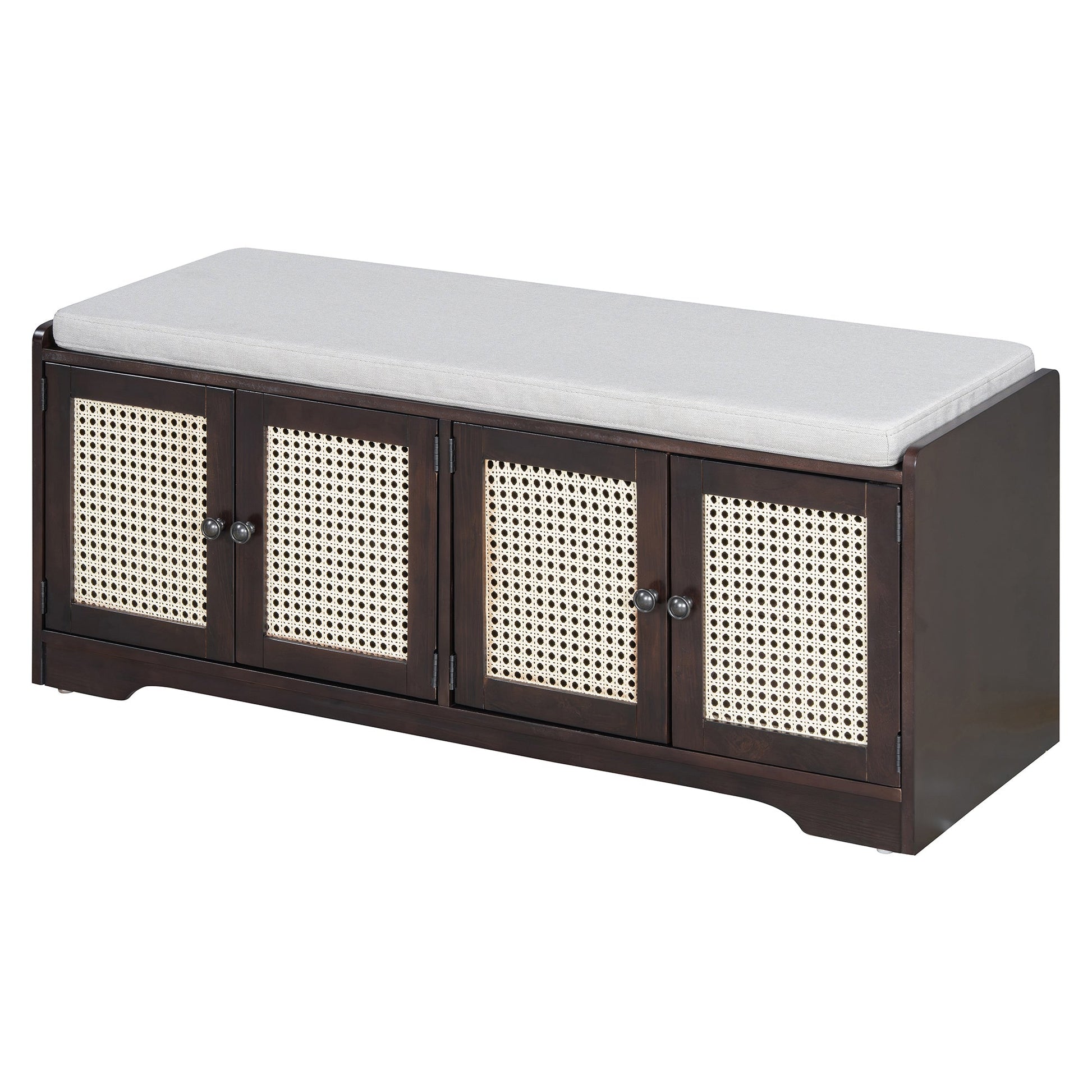 TREXM Rustic Storage Bench Multifunctional Wood Entryway Shoe Bench with Removable Cushion, Woven Rattan Doors & Adjustable Shelves for Hallway, Living Room (Espresso+Beige ) - 1st Choice Furniture Direct