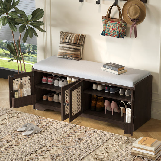 TREXM Rustic Storage Bench Multifunctional Wood Entryway Shoe Bench with Removable Cushion, Woven Rattan Doors & Adjustable Shelves for Hallway, Living Room (Espresso+Beige ) - 1st Choice Furniture Direct