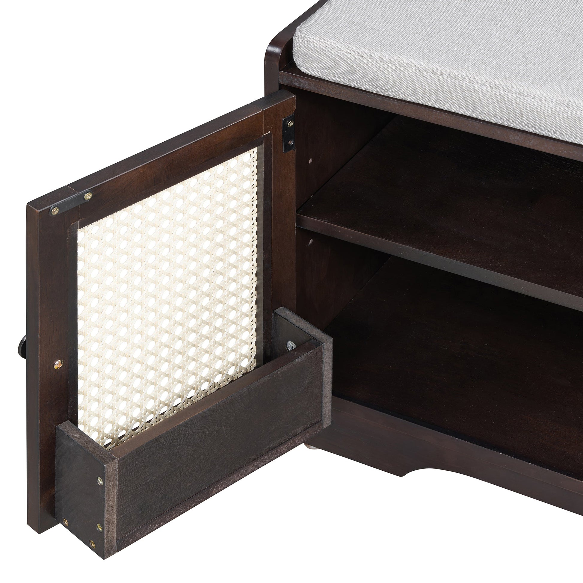 TREXM Rustic Storage Bench Multifunctional Wood Entryway Shoe Bench with Removable Cushion, Woven Rattan Doors & Adjustable Shelves for Hallway, Living Room (Espresso+Beige ) - 1st Choice Furniture Direct