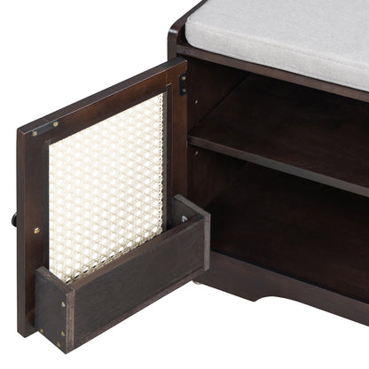 TREXM Rustic Storage Bench Multifunctional Wood Entryway Shoe Bench with Removable Cushion, Woven Rattan Doors & Adjustable Shelves for Hallway, Living Room (Espresso+Beige ) - 1st Choice Furniture Direct