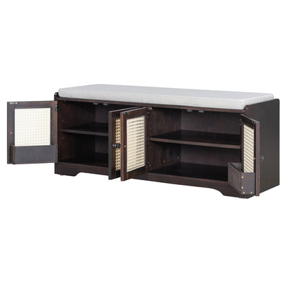 TREXM Rustic Storage Bench Multifunctional Wood Entryway Shoe Bench with Removable Cushion, Woven Rattan Doors & Adjustable Shelves for Hallway, Living Room (Espresso+Beige ) - 1st Choice Furniture Direct