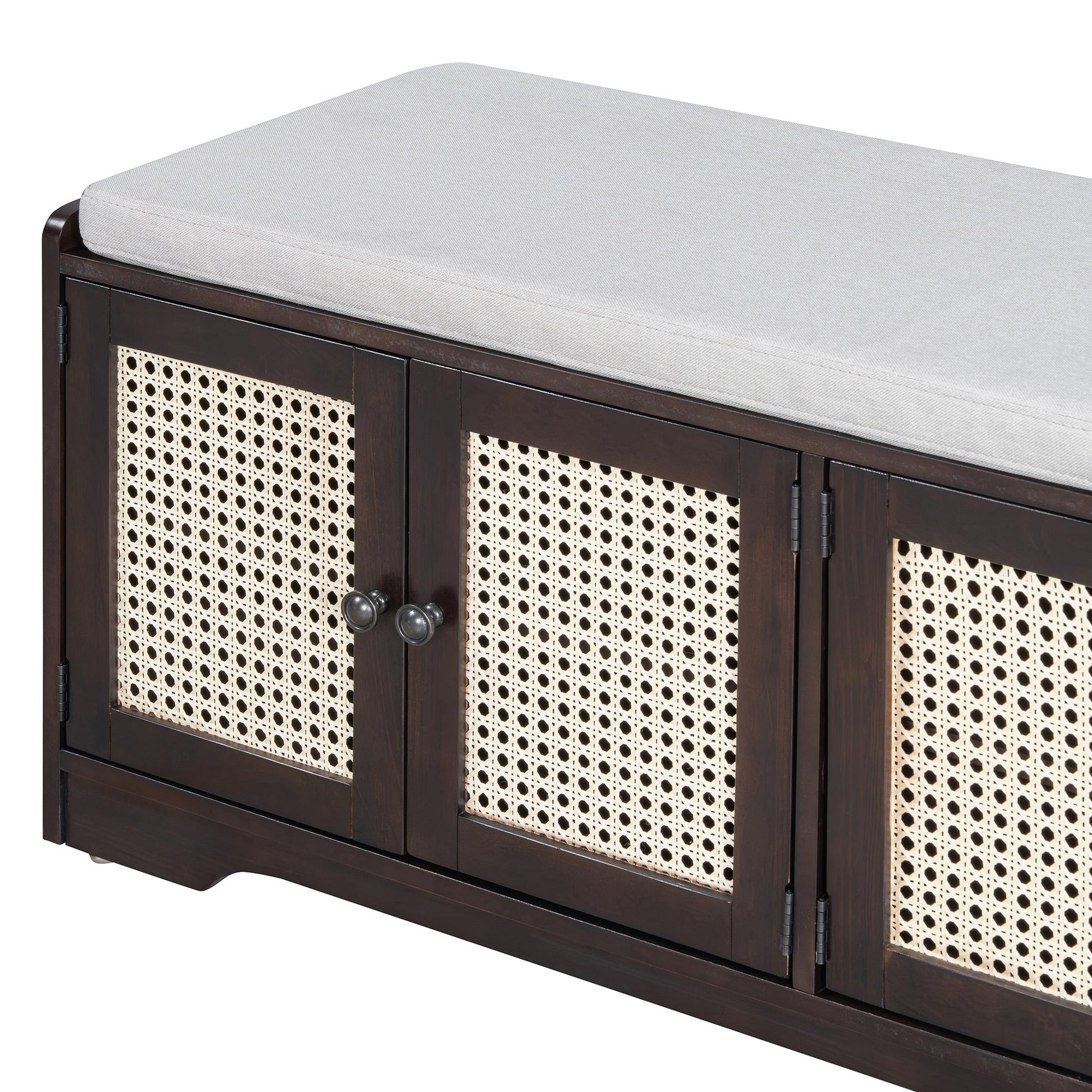 TREXM Rustic Storage Bench Multifunctional Wood Entryway Shoe Bench with Removable Cushion, Woven Rattan Doors & Adjustable Shelves for Hallway, Living Room (Espresso+Beige ) - 1st Choice Furniture Direct