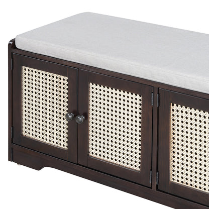 TREXM Rustic Storage Bench Multifunctional Wood Entryway Shoe Bench with Removable Cushion, Woven Rattan Doors & Adjustable Shelves for Hallway, Living Room (Espresso+Beige ) - 1st Choice Furniture Direct