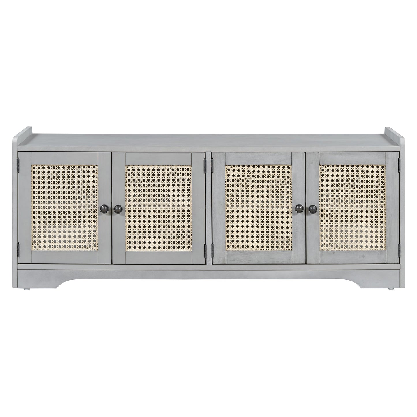 TREXM Rustic Storage Bench Multifunctional Wood Entryway Shoe Bench with Removable Cushion, Woven Rattan Doors & Adjustable Shelves for Hallway, Living Room (Gray Wash+Beige ) - 1st Choice Furniture Direct