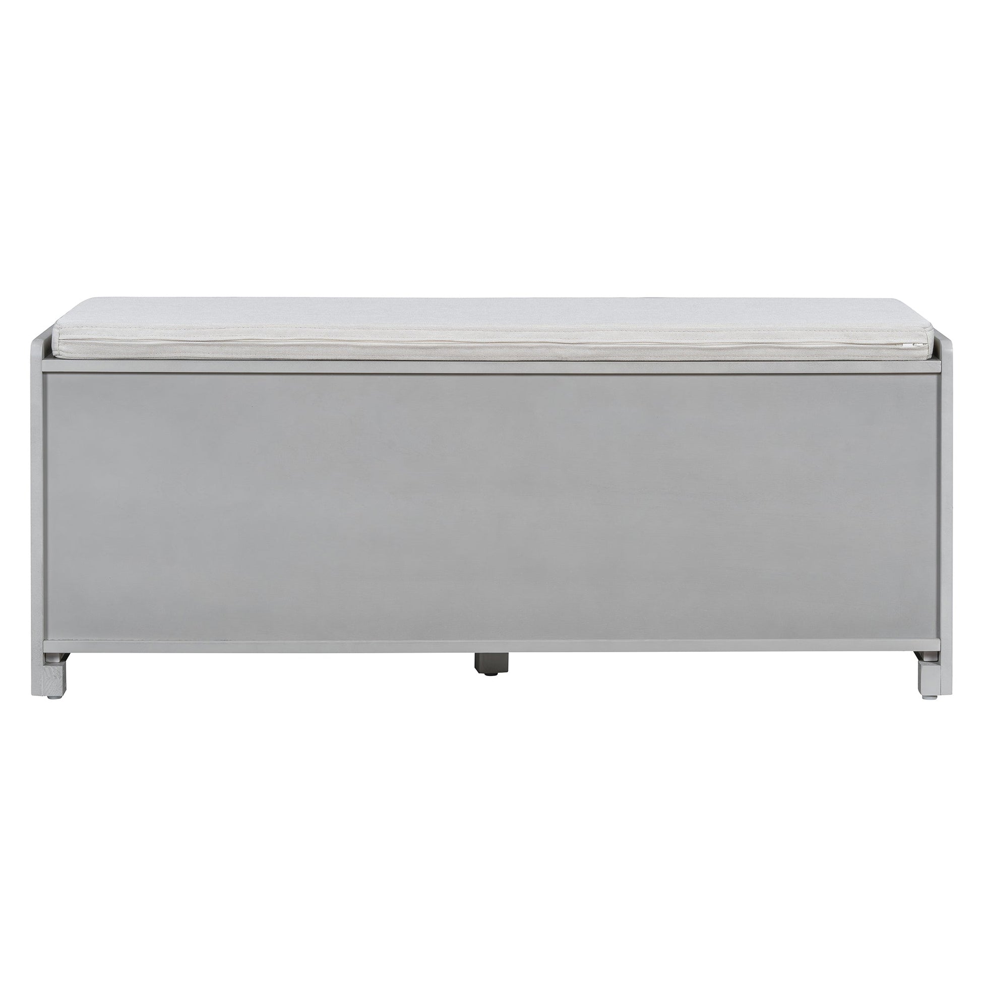 TREXM Rustic Storage Bench Multifunctional Wood Entryway Shoe Bench with Removable Cushion, Woven Rattan Doors & Adjustable Shelves for Hallway, Living Room (Gray Wash+Beige ) - 1st Choice Furniture Direct