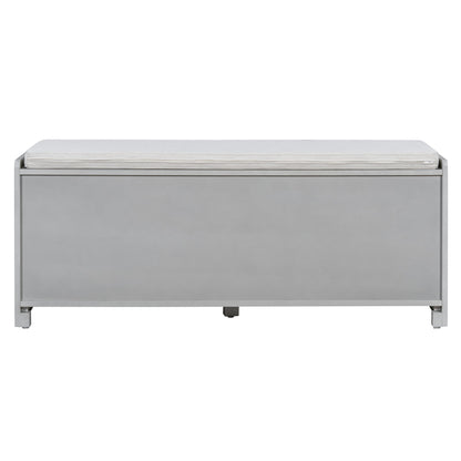 TREXM Rustic Storage Bench Multifunctional Wood Entryway Shoe Bench with Removable Cushion, Woven Rattan Doors & Adjustable Shelves for Hallway, Living Room (Gray Wash+Beige ) - 1st Choice Furniture Direct