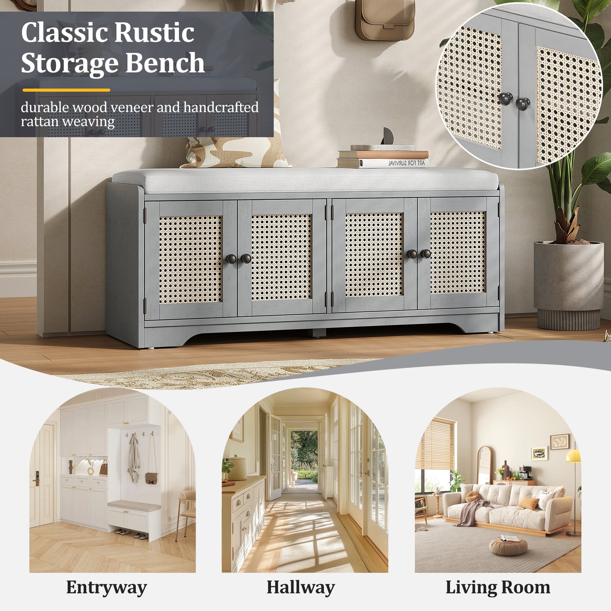 TREXM Rustic Storage Bench Multifunctional Wood Entryway Shoe Bench with Removable Cushion, Woven Rattan Doors & Adjustable Shelves for Hallway, Living Room (Gray Wash+Beige ) - 1st Choice Furniture Direct