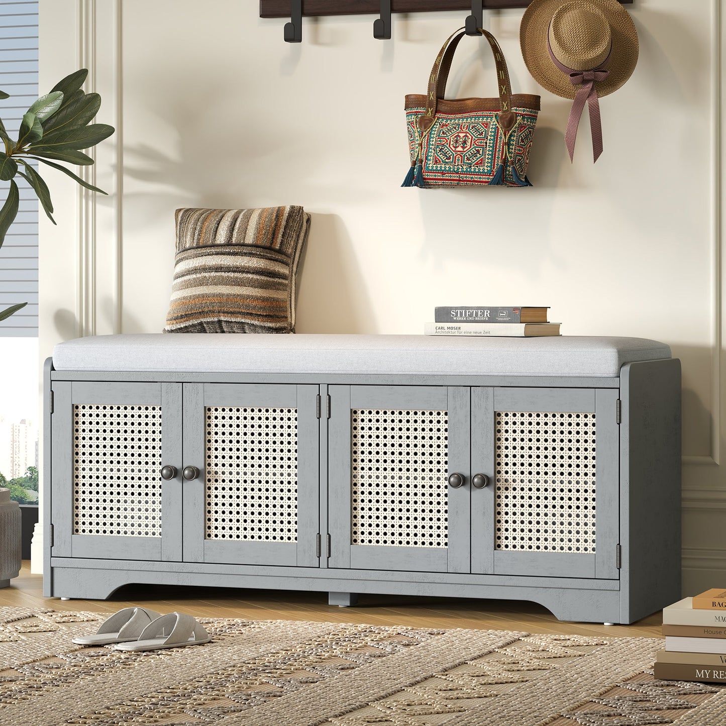 TREXM Rustic Storage Bench Multifunctional Wood Entryway Shoe Bench with Removable Cushion, Woven Rattan Doors & Adjustable Shelves for Hallway, Living Room (Gray Wash+Beige ) - 1st Choice Furniture Direct