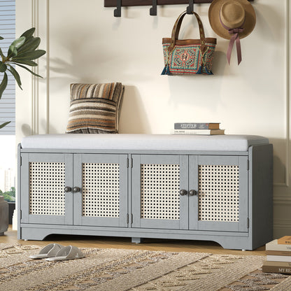 TREXM Rustic Storage Bench Multifunctional Wood Entryway Shoe Bench with Removable Cushion, Woven Rattan Doors & Adjustable Shelves for Hallway, Living Room (Gray Wash+Beige ) - 1st Choice Furniture Direct