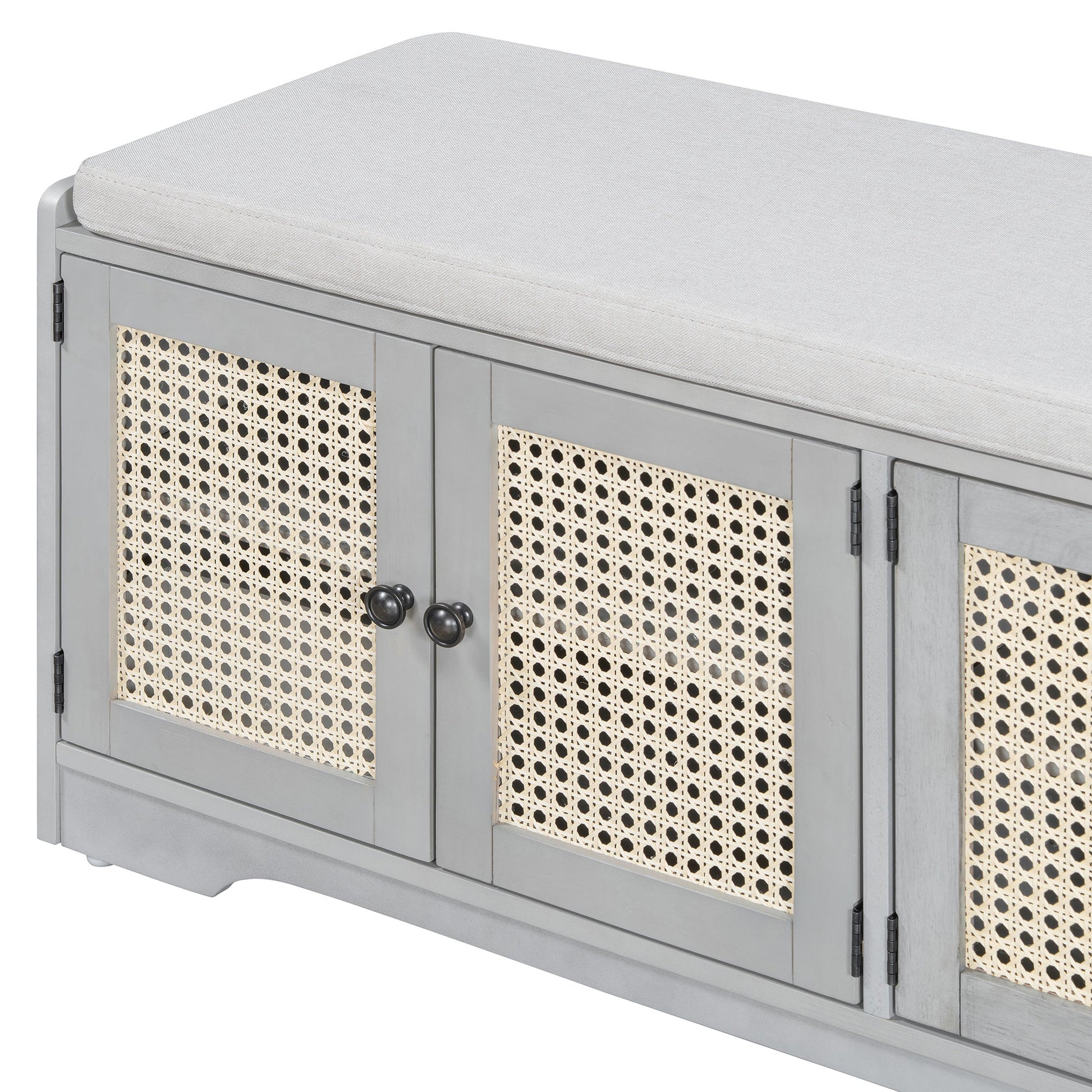 TREXM Rustic Storage Bench Multifunctional Wood Entryway Shoe Bench with Removable Cushion, Woven Rattan Doors & Adjustable Shelves for Hallway, Living Room (Gray Wash+Beige ) - 1st Choice Furniture Direct