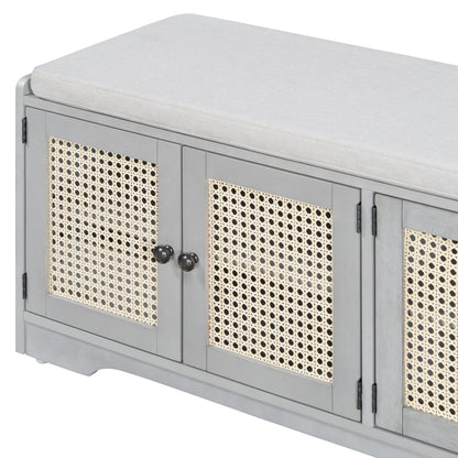 TREXM Rustic Storage Bench Multifunctional Wood Entryway Shoe Bench with Removable Cushion, Woven Rattan Doors & Adjustable Shelves for Hallway, Living Room (Gray Wash+Beige ) - 1st Choice Furniture Direct